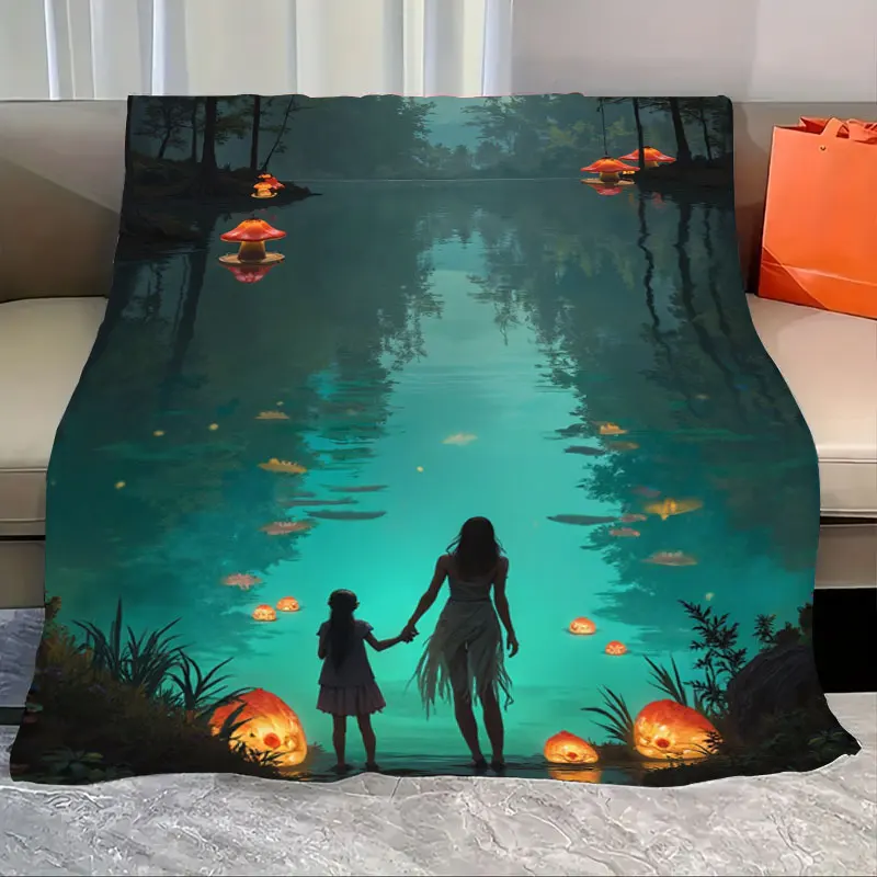 

1pc Flannel Blanket Enchanted Forest Blanket with Mother and Child by Lake, Magical Scene Throw