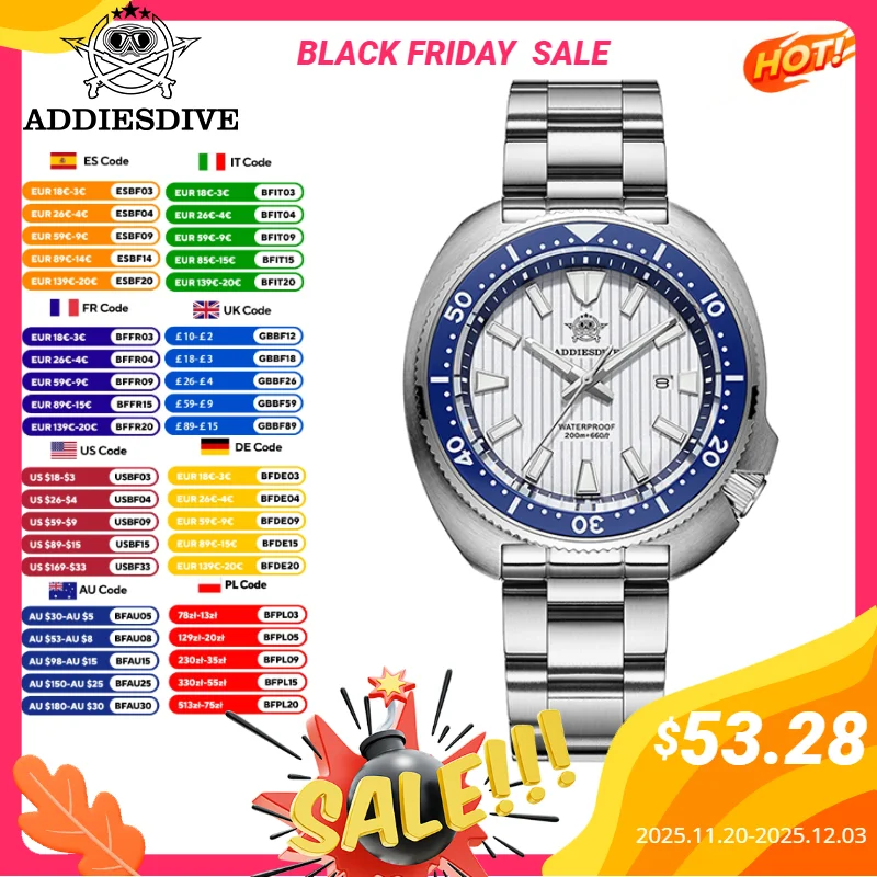 

ADDIESDIVE Men Watch AD2507 Sapphire Glass AR Coated Quartz Watches Luminous 200m Waterproof Turtle Diver Watch Reloj Hombre