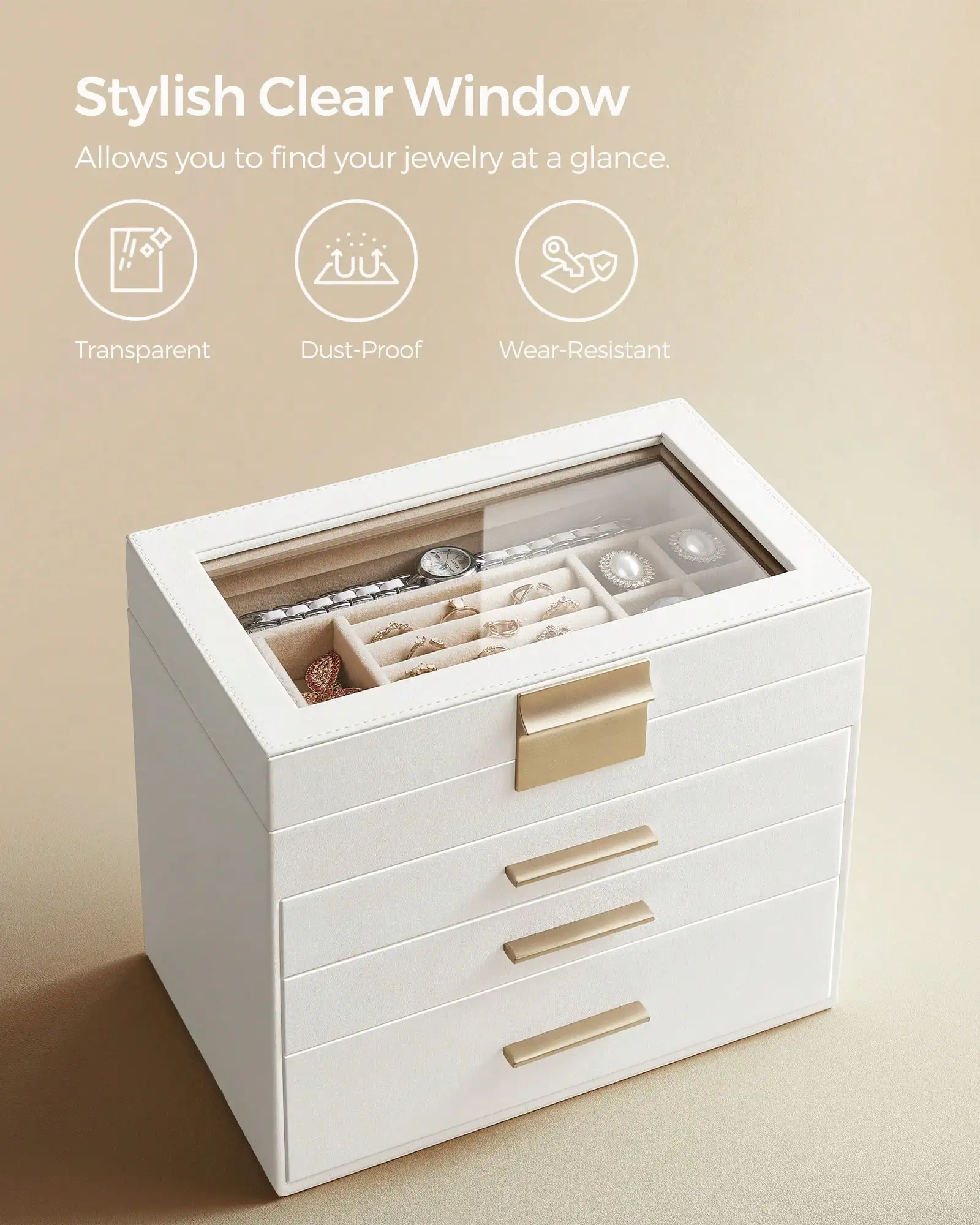 Upgraded 4-Layer Jewelry Storage Box with Glass Lid & 3 Drawers, Large Capacity Velvet Lined Organizer for Sunglasses, Necklaces, Rings & Earrings, Modern Display Case, Perfect Gift for Women