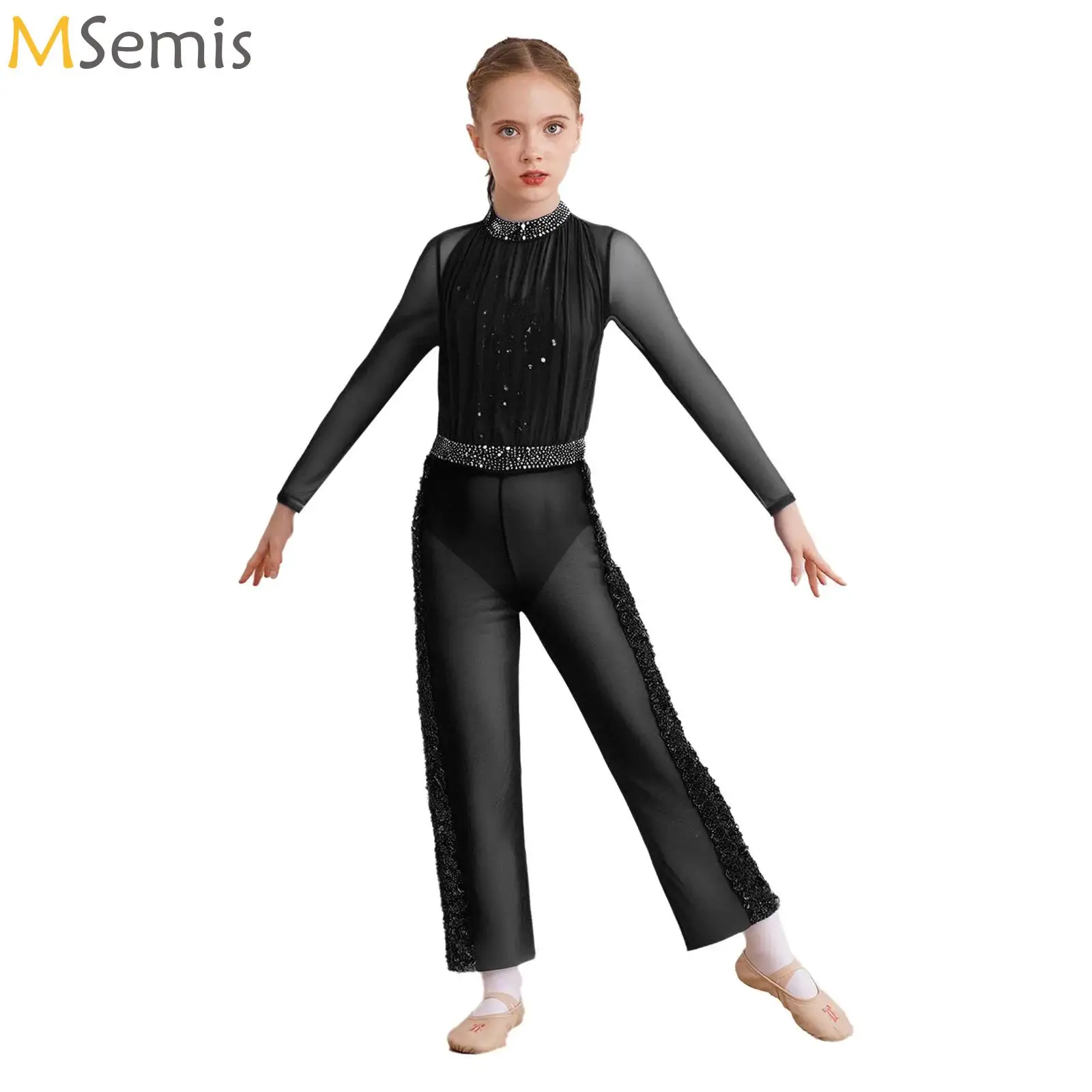 

Kids Girls Figure Skating Leotard +Pants Set Modern Lyrical Dance Costume Long Sleeve Sequins Rhinestones Sheer Mesh Jumpsuits