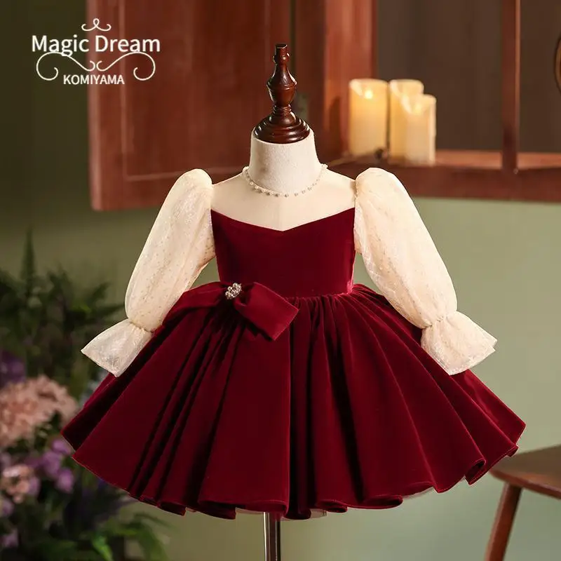 Customized Kids Birthday Robe Long-sleeve Velvet Petticoat Children's Flower Girls Dress Ball Gown Princess Vestidos Gifts