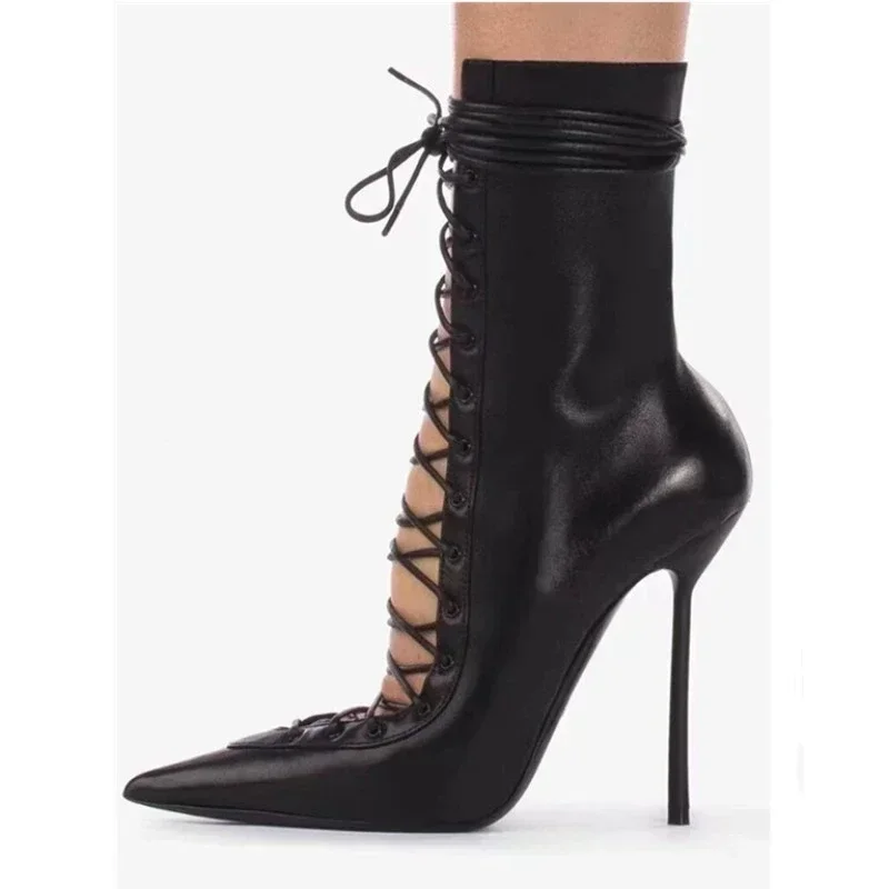 2026Spring/Summer New Lace Up Short Cool Boot Side Zipper Banquet Slim Fit High Heel Sexy Knee Length Women\'s Boots