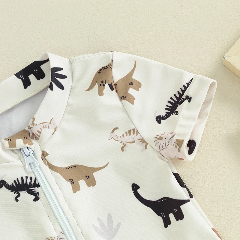 소년 여름 캐주얼 나무 공룡 프린트 수영복, 지퍼 반팔 점프수트, 비치웨어, 유아 목욕 세트