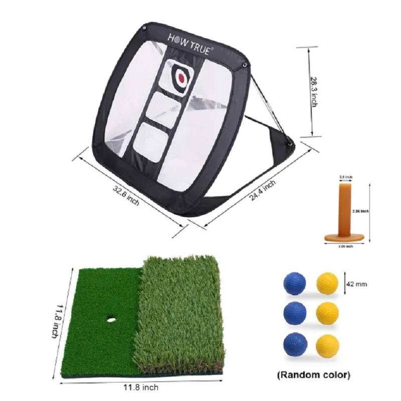 Pop Up Golf Chipping Net Dual Turf Hitting Mat with 3 Rubber Tees Combo 6 Training Balls for Practice