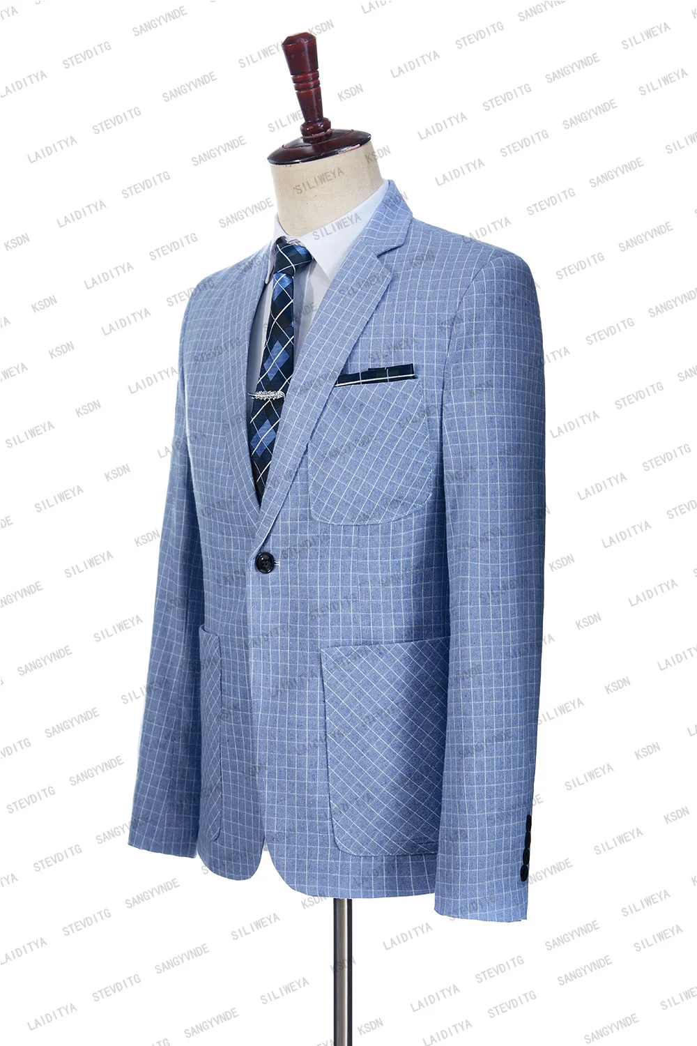 2023 Classic Lattice Denim Blue Men Suits Three-pieces Fashion Wedding Suit Jacket Tuxedos for Men High Qualit Casual Occasion