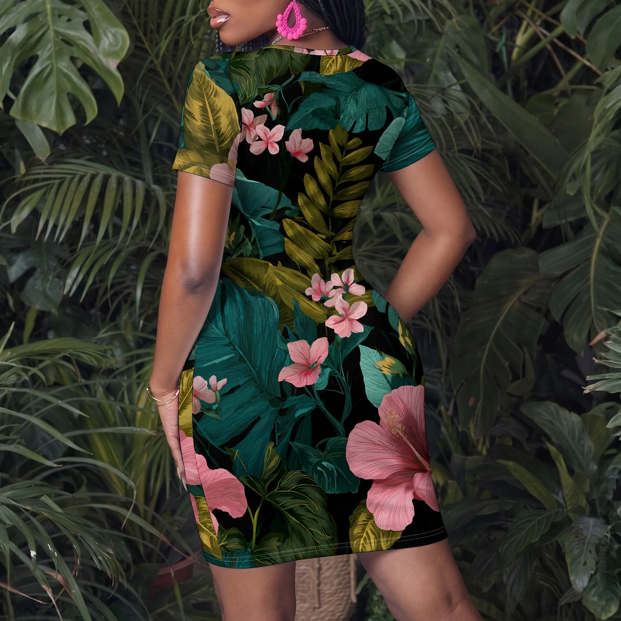 Sexy Tropical Floral Bodycon Dress, V-Neck Short Sleeve Mini Dress, Pink Hibiscus Print Summer Party Wear for Women, XS-XL