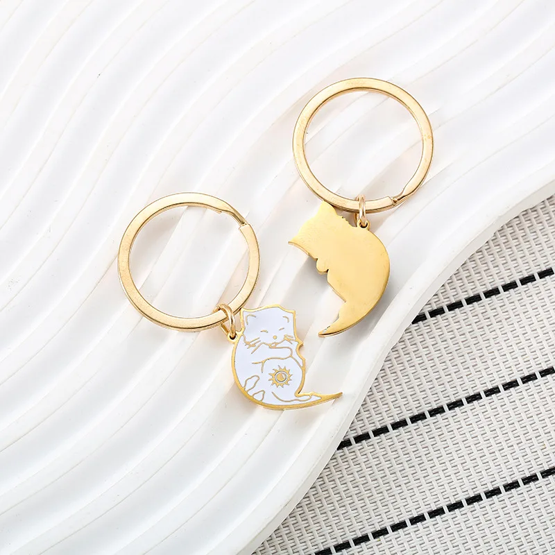 New Cartoon Sun Moon Black and White Cat Stainless Steel Keychain Couple Keychain Cute Backpack Pendant Wholesale
