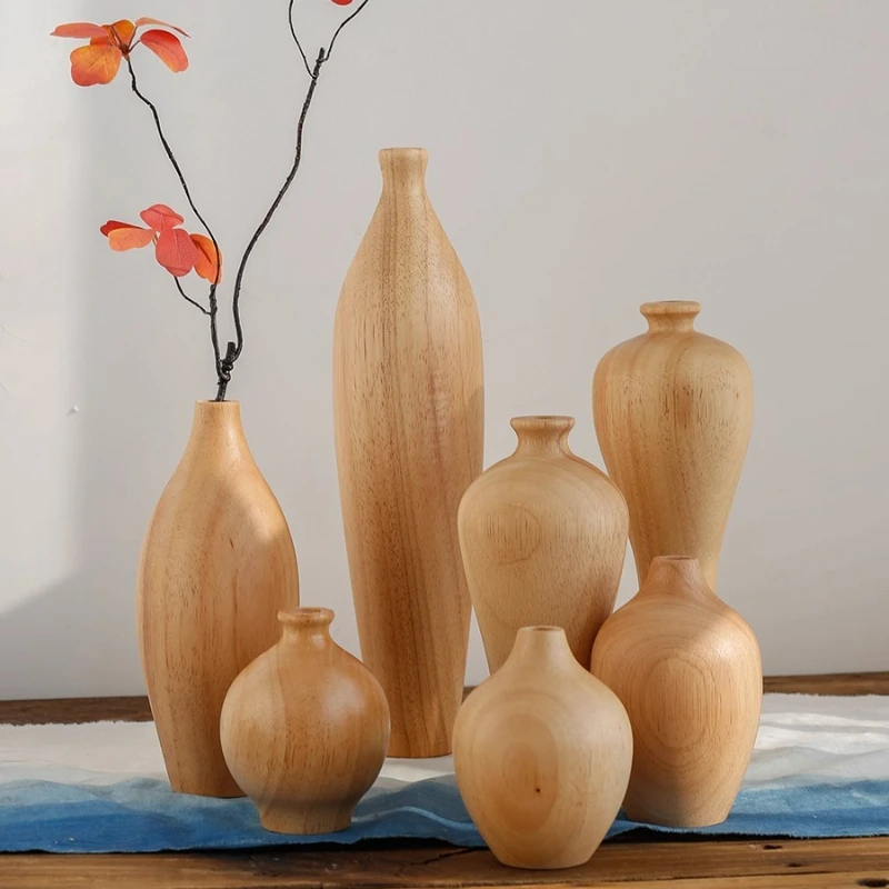 Japanese Style Wooden Vase Retro Dried Flower Arranger TV Cabinet Dining Table Decor Hotel Lacquer Display Elegant Floral Vessel