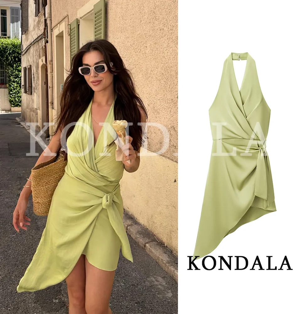 KONDALA Damen Einzigartiges Schickes Asymmetrisches Satin-Neckholder-Kleid Elegantes Dinner-Freizeitkleid mit Knotendetail Neues 2026 Sommer-Urlaubskleid