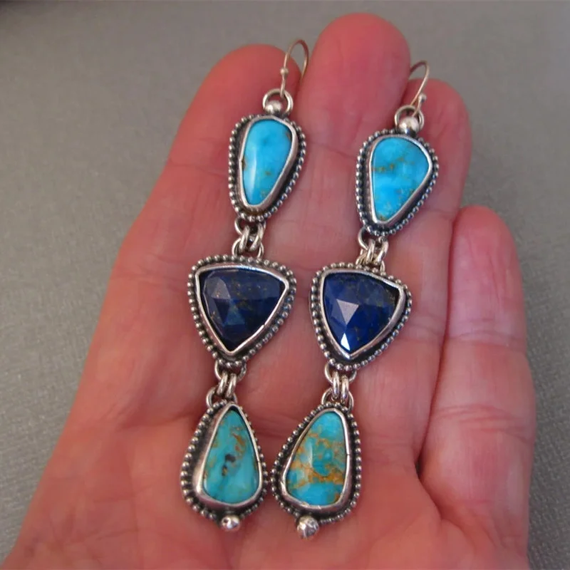 Vintage Triangle Blue Green Stone Earrings Bohemian Ethnic Silver Color Metal Craftsman Carving Pattern Hook Dangle Earrings