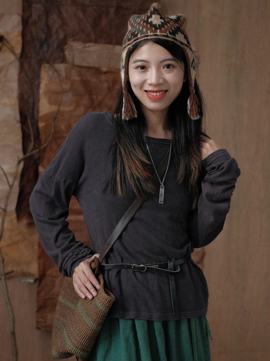 

Namsan Indigo Plant Dye Oil Silk Casual Long Sve T-irt Base irt Autumn New 24 Women's Loose Fit round Ne