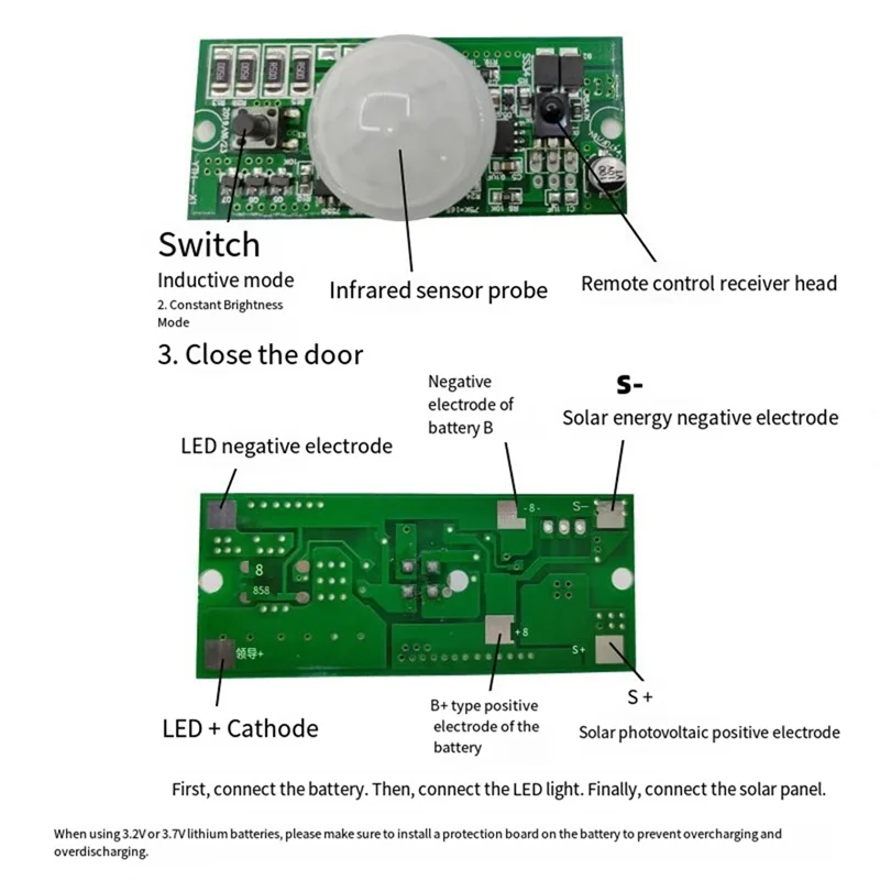 ABUI-Circuit de contrôleur de lampadaire solaire avec Induction de corps humain PIR, fonction de télécommande 3.2V 3.7V