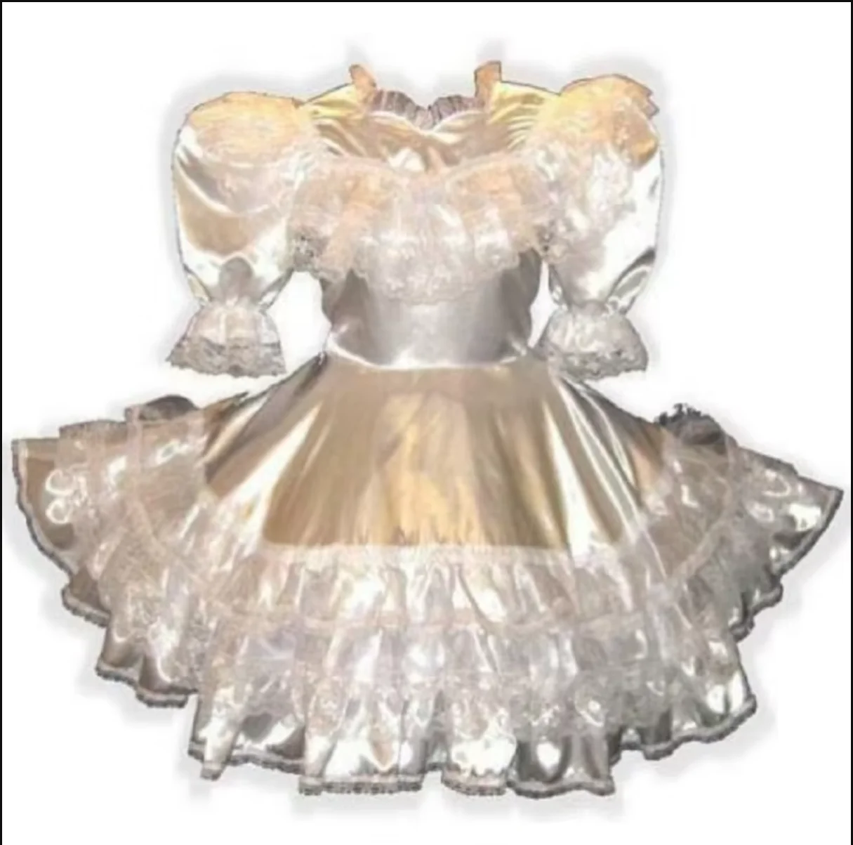 

French Hot Selling Sissy White Satin Ruffle Longitudinal Bubble Sleeve Adult Baby Maid Dress Custom