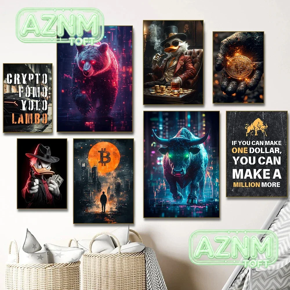 Gentleman Duck Smoking Trading Bear Bull Crypto Stock Market  Bitcoin Poster Canvas Painting Print Wall Living Room Home Deco