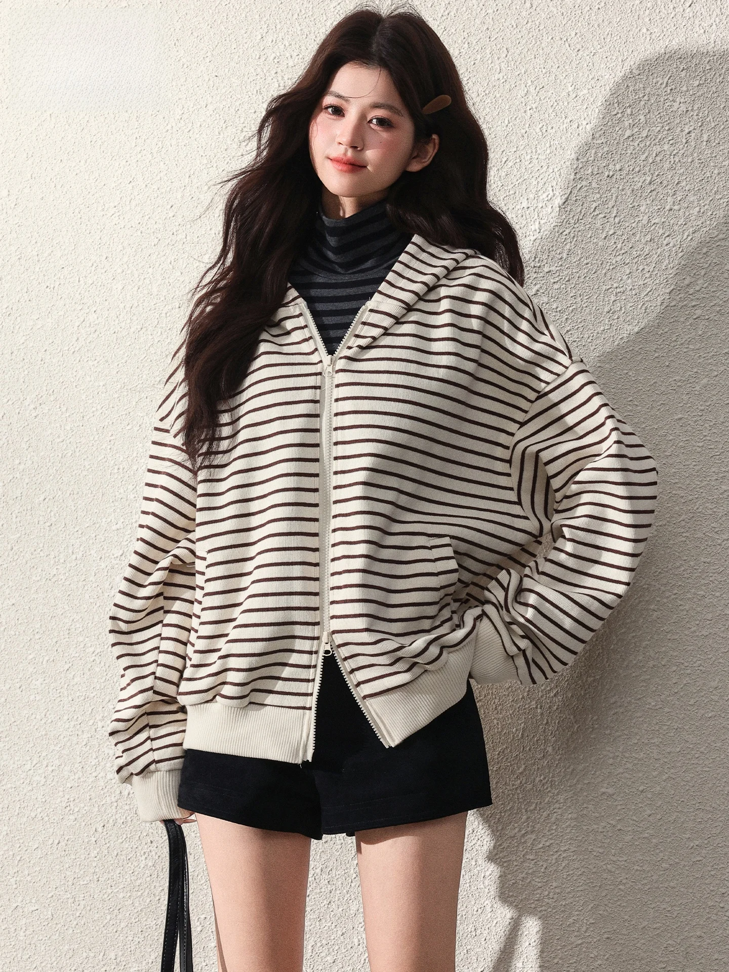 

Women's Loose Long Sleeve Hoodie Cardigan Summer New Style Commute Top Coat Stripe Pattern Comfortable Fit Sweatshirt