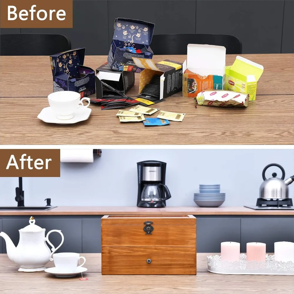 Large Wooden Tea Storage Box with Clear Window, 2-Layer 14 Compartments Organizer for Tea Bags and More