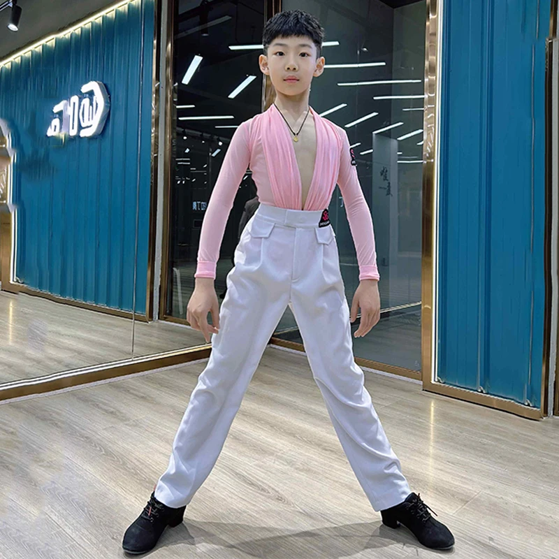 Boys Latin Dance Clothes Pink Mesh Long Sleeves Tops White Pants Male Kids Cha Cha Latin Ballroom Dance Competition Wear NV19830