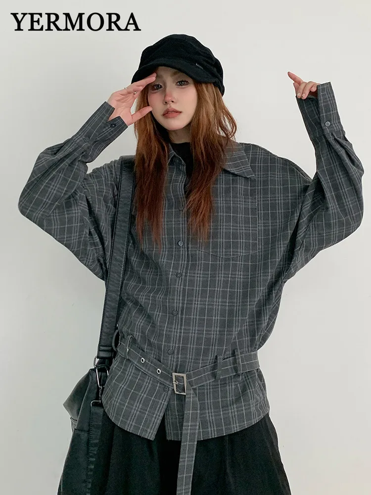 

YERMORA Women's Gray Plaid Pocket Belt Casual Blouse Lapel Long Sleeve Loose New Shirt Fashion Tide Spring Autumn 2025