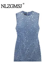 TRAF 2024 Sequin Slimming Denim Dress For Women Round Neck Sleeveless High Waist Bodycon Mini Dresses Female New