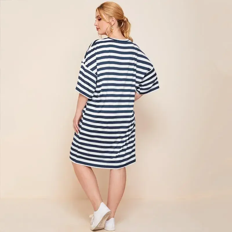 Plus Size Loose Summer Elegant Tunic Dress Women Drop Shoulder Half Sleeve Oversize Casual T-shirt Dress Midi Striped Tee Dress