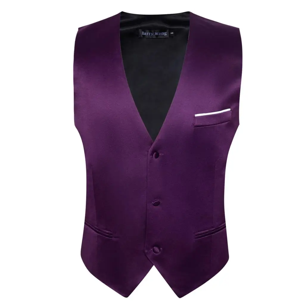 Luxury Vest for Men Purple Solid Satin Waistcoat Tie Bowtie Hanky Set Wedding Formal Male Suit Sleeveless Jacket Barry Wang