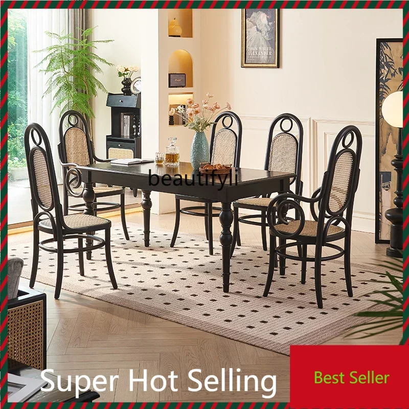 

A71 Dining Table Home French Retro Living Room Solid Wood Rectangular Dining Table Black High Sense Dining Room Table Rattan Cha