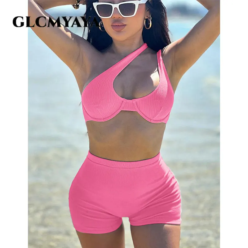 GLCMYAYA Casual Beach Style Women Skew Collar Hollow Out Backless Crop Tops Short Sets 2023 Sexy Sleeveless Solid 2 Piece Set