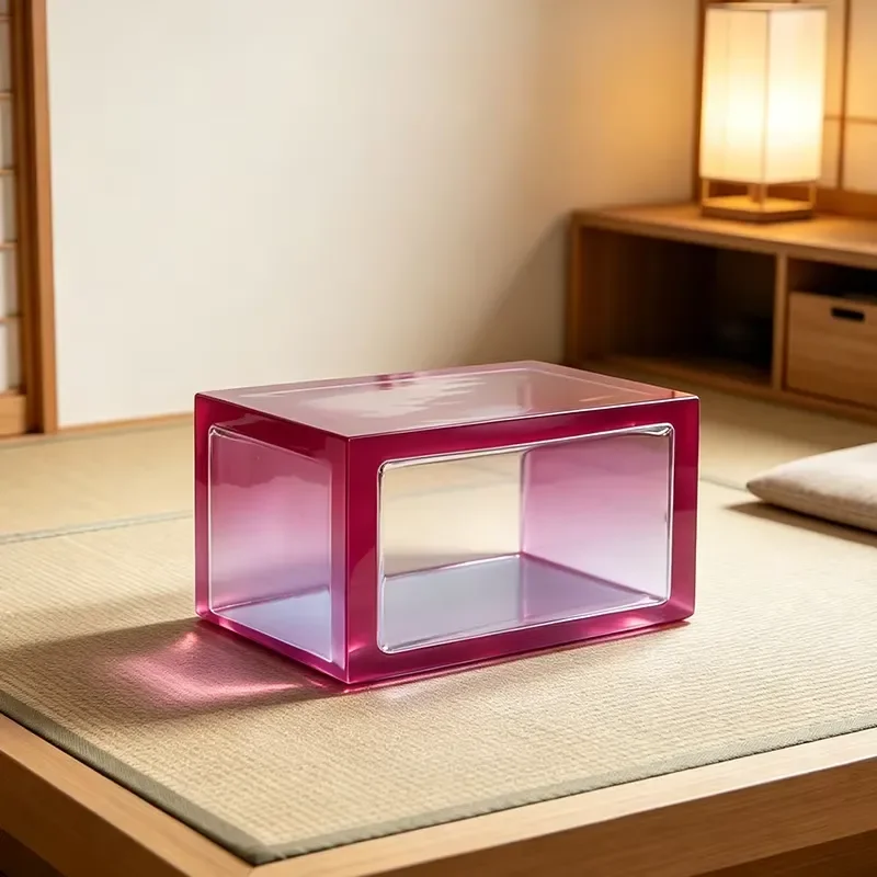 Modern Rectangular Coffee Table Gradual Change Magenta Transparent Resin Hollow Box Durable Eco Friendly Commercial Furniture