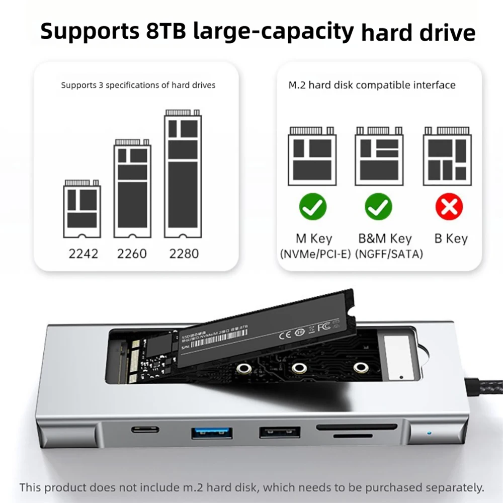 KEBIDUMEI M.2 SSD Enclosure USB C Hub Splitter PD100W Extension Docking Station 10Gbps M2 NVMe External Case 4K 60HzHDMI Adapter