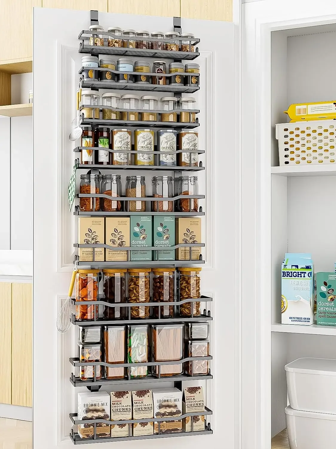 

Over The Door Pantry Organizer Rack, 9-Tier Metal Pantry Organization And Storage with Adjustable Baskets, Hanging Spice Rack