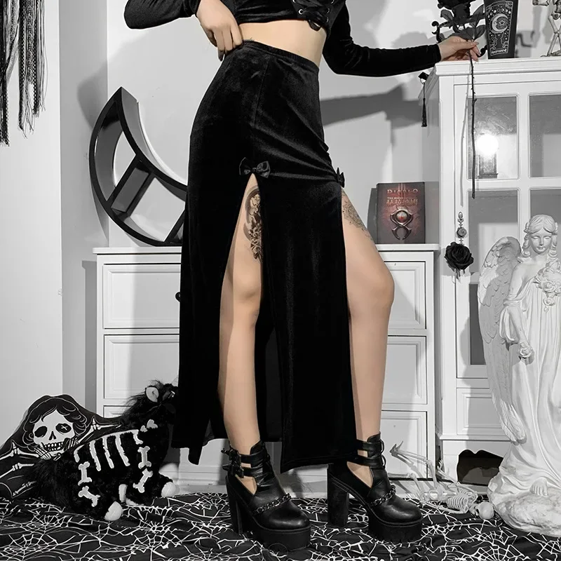 

Women's Punk Style Skirt New Chic Halloween Festival Long Party Skirt High Waist Slim Bow Sexy Side Split Knee-Length Skirts