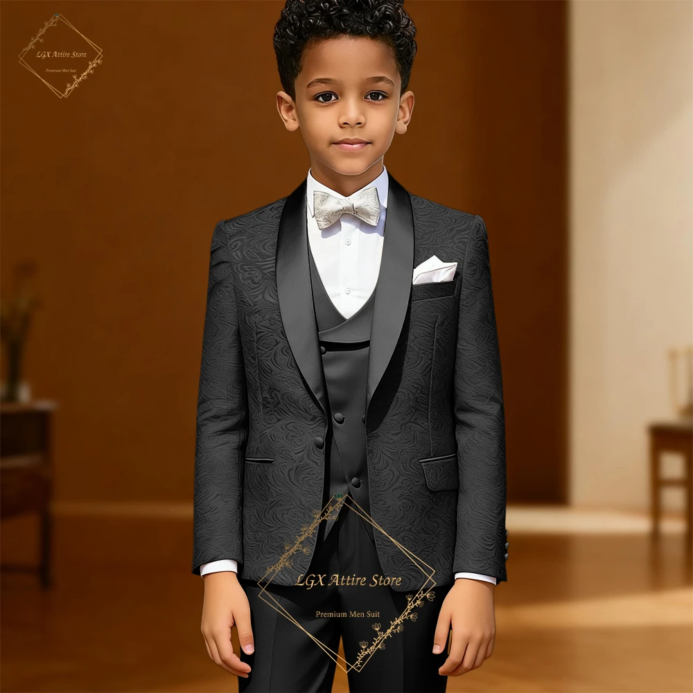 Boys' 3-Piece Formal Jacquard Suit – Champagne Shawl Lapel Blazer, Vest & Pants for Pageboys & Weddings