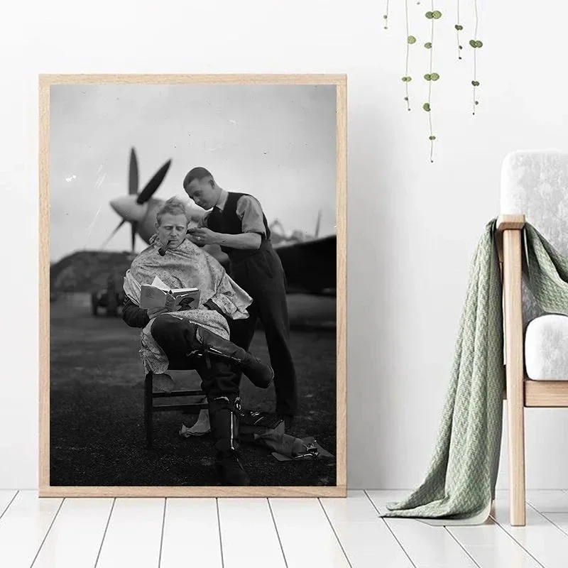 صور عتيقة لتزيين صالون الشعر ، شائكة الطيارين في الحرب العالمية الثانية ، مطبوعات بالأبيض والأسود ، فن حلاقة متجر الحلاقة ، تصفيف الشعر من قماش الكانفاس