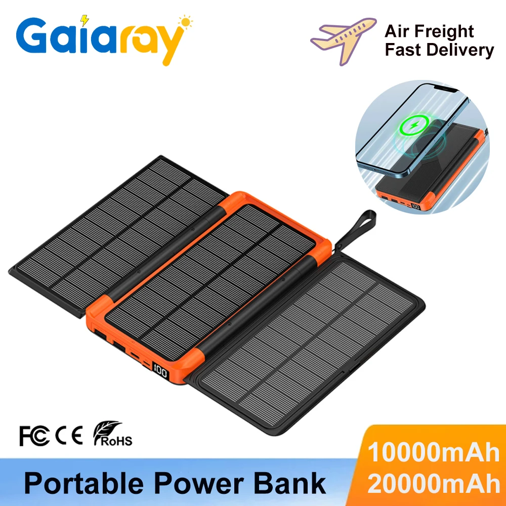 

Portable 10000mAh 20000mAh Solar Power Bank Foldable Solar Charger Power Bank USB Wireless Charging Camping Emergency Energy LED