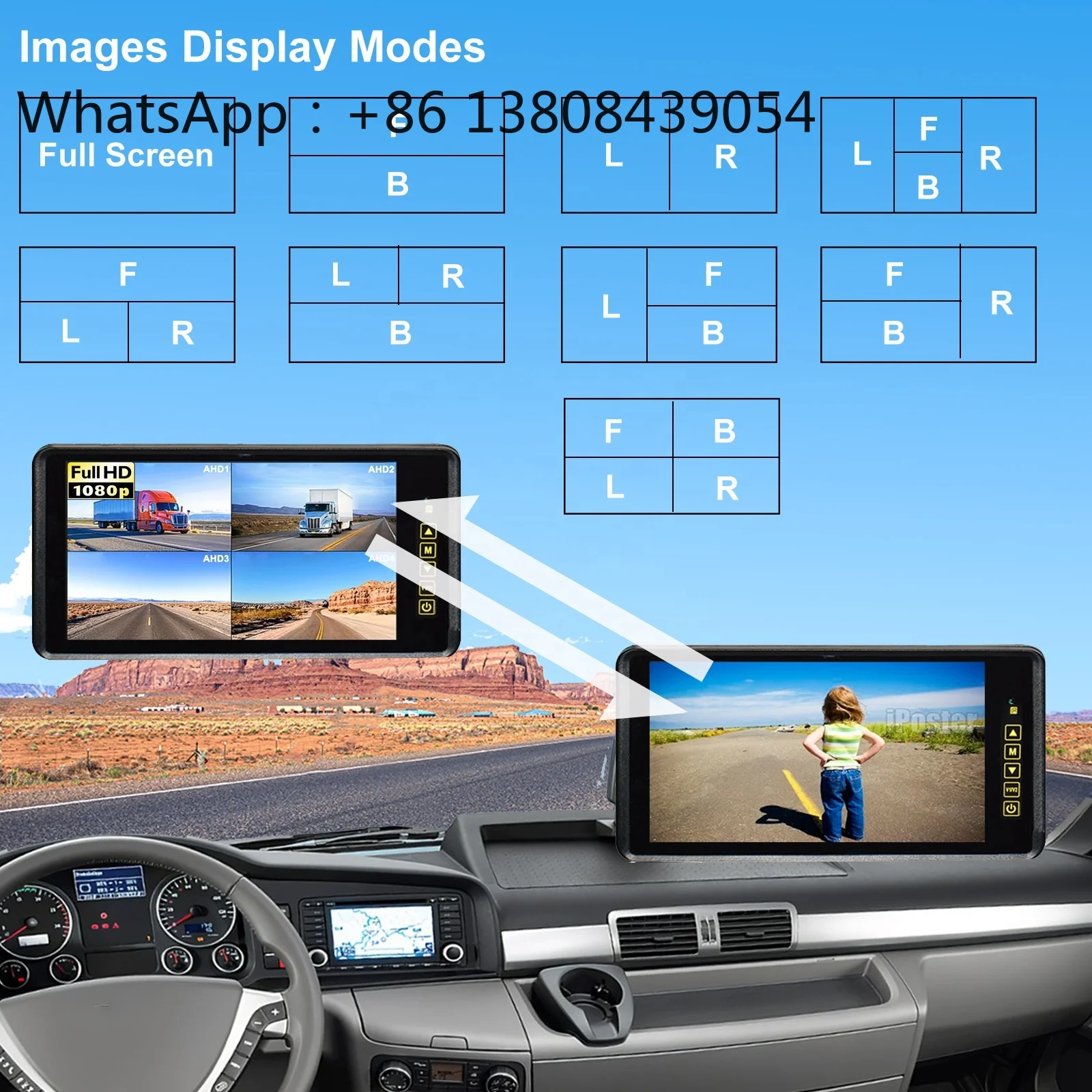 9 Inch IPS Screen AHD Car Monitor Rear View Mirror 4ch 1080P Video in 12-36v Clip Mount for Truck Bus Van Trailer Camper
