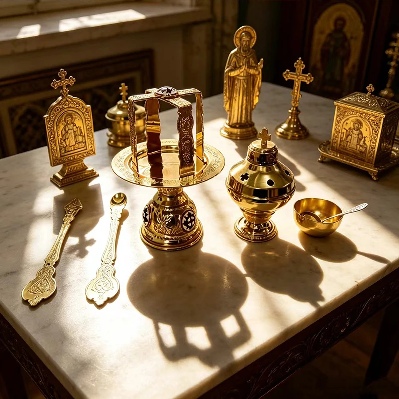 Orthodoxes Altar-Set aus Goldmetall mit Diskos und Sternchen sowie Weihrauchfass, Liturgisches Set für die Göttliche Liturgie, Byzantinische Kirchenartikel, Geschenk – Detail 3