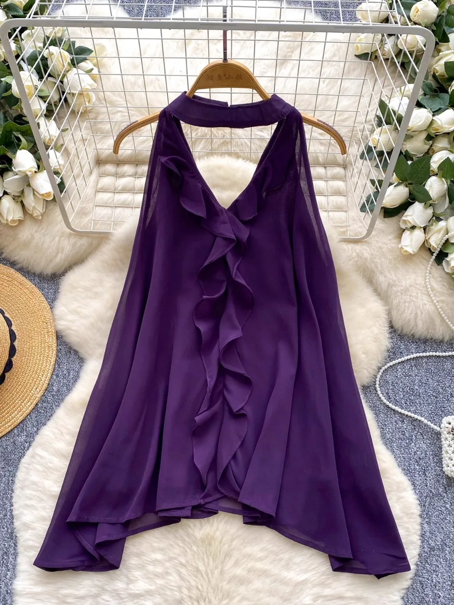 Foamlina Camicetta estiva senza maniche in chiffon con volant Camicia da donna Estetica intenzionale Scava fuori Top con scollo all'americana Camis