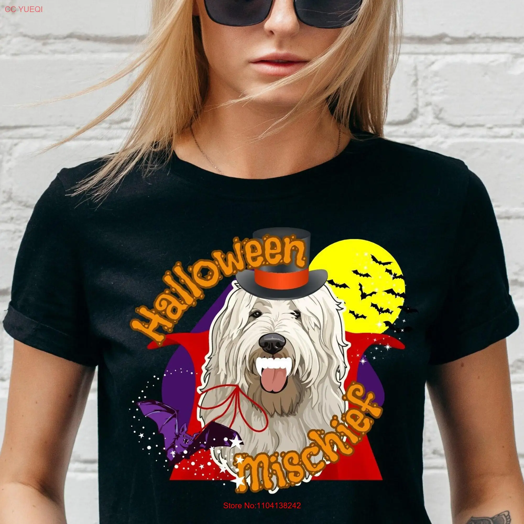 Old English Sheepdog Halloween T Shirt dog Vampire costume spooky trick or treat bats full moon original unique creative