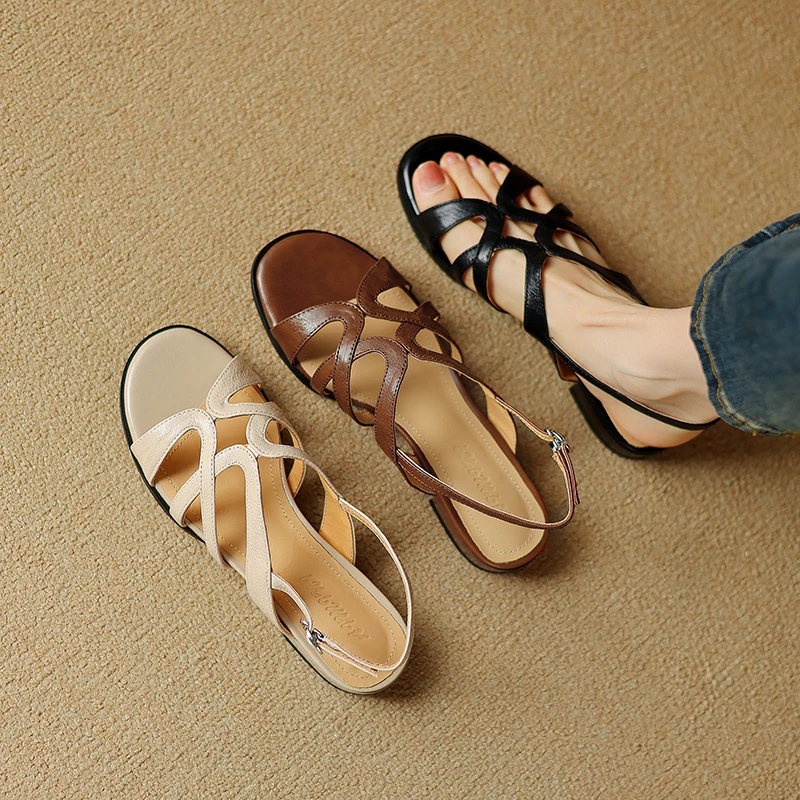 

Genuine Leather Cross Strap Sandals Women Summer Open Toe Flat Casual Roman Beach Peeptoe Sandals