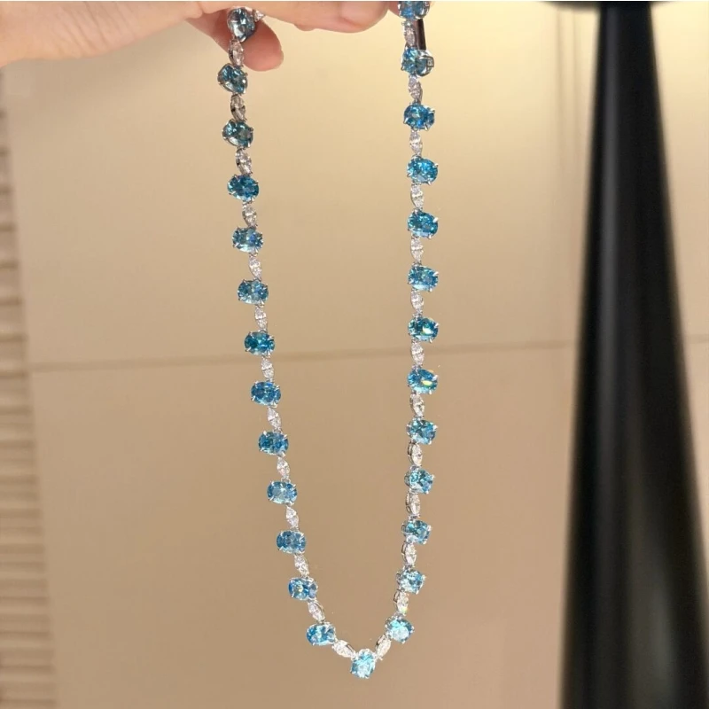 Bellux 925 Silver Oval Aquamarine Necklace Blue and White Clear CZ Full Diamonds Bridal Wedding Party Luxury Jewelry Necklace