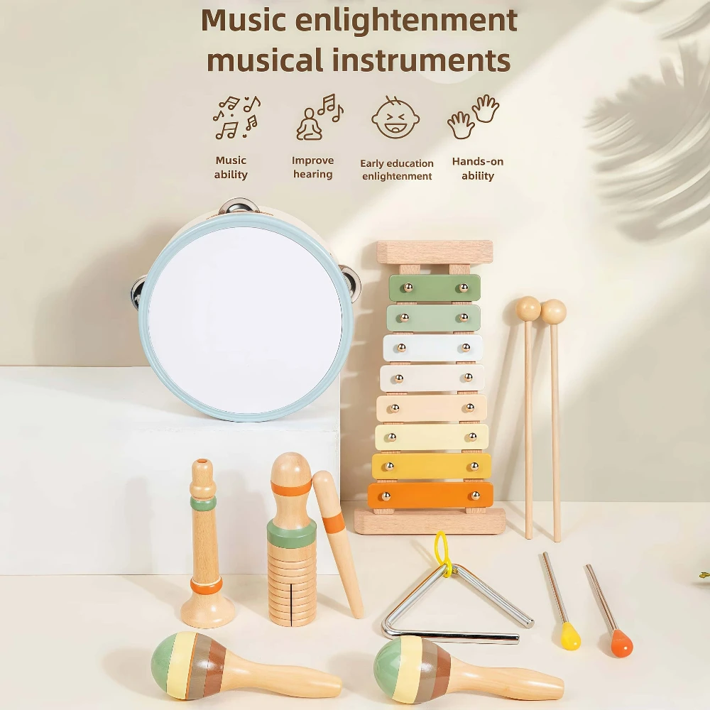 ไม้ Orff เพลงของเล่นเพื่อการศึกษาสําหรับเด็กปฐมวัย Sensory Development Percussion ชุด Maracas Castanets Hand Bells