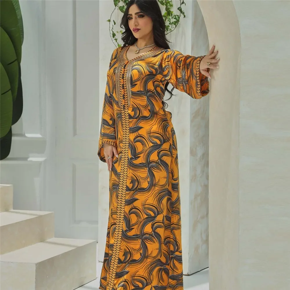 Dubai Abaya Printed Muslim Women Long Dress Islamic Vestidos Middle East Evening Party Gown Arab Caftan Moroccan Jalabiya Robe