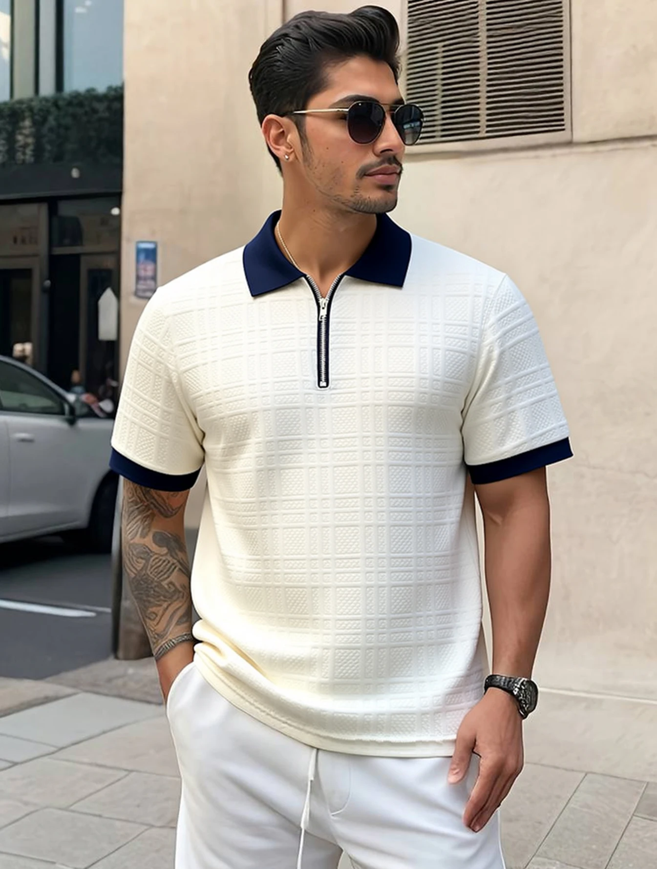 Men's Textured Grid Half Zip Polo Shirt Short Sleeve Casual Lapel Neck Top Contrast Color Daily Wear