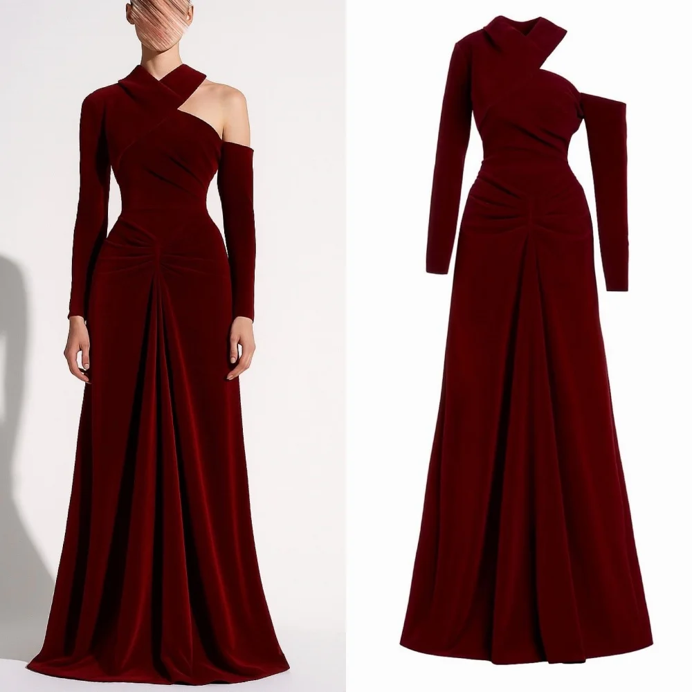 

Customized Simple Velour Pleat Ruched Mermaid High Collar Long Dresses Bespoke Occasion Dresses Chinese Style High Quality
