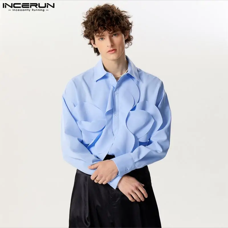 INCERUN Tops 2024 American Style New Mens Personality Layered Flower Design Shirts Handsome Male Solid Long Sleeved Blouse S-5XL