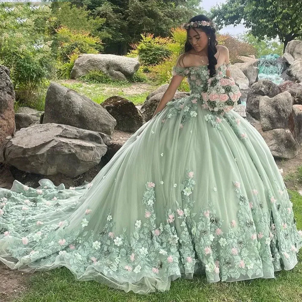 Customized Sage Green Quinceanera Dresses Off Shoulder Princess Sweet 15 16 Years Old Birthday Prom Party Gowns