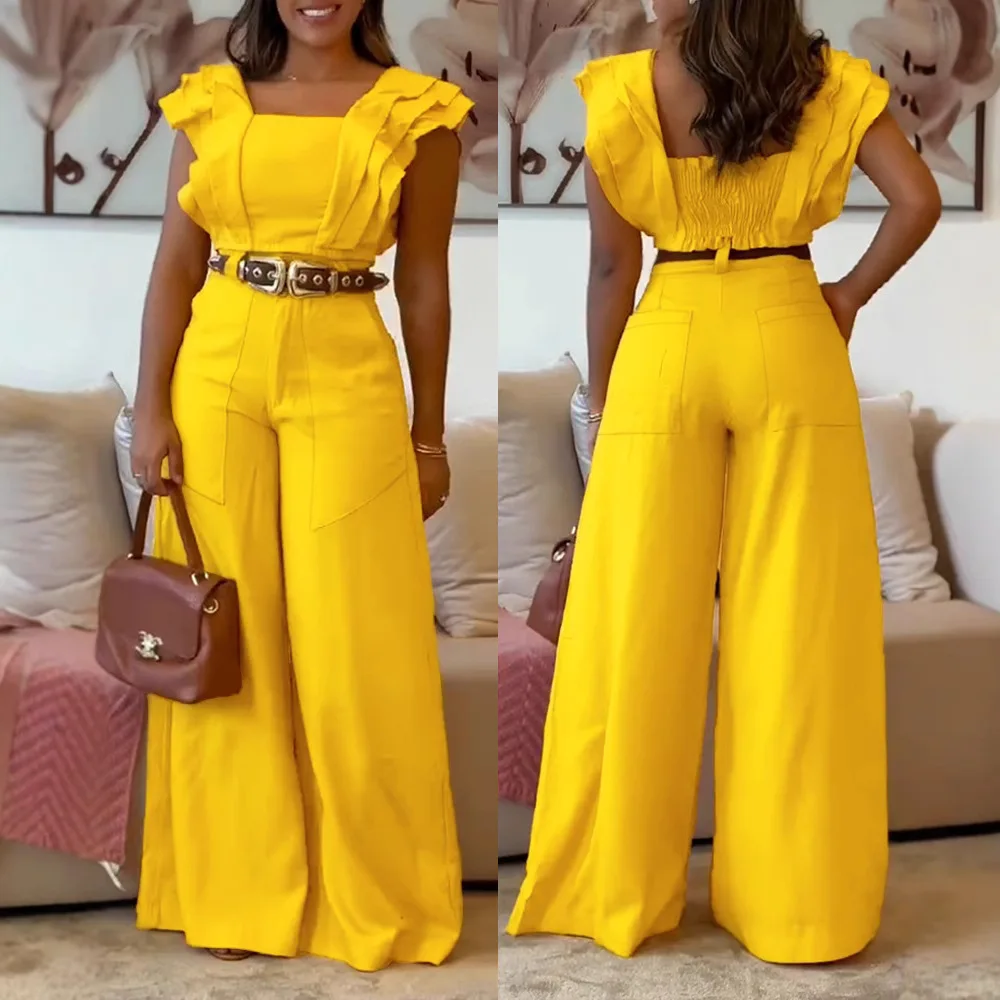 

Yellow Wide Leg Jumpsuit Set A-Line Flared Sleeve Waist Cinched Top Bottoms Fashionable Spring Collection Women's Ensemble