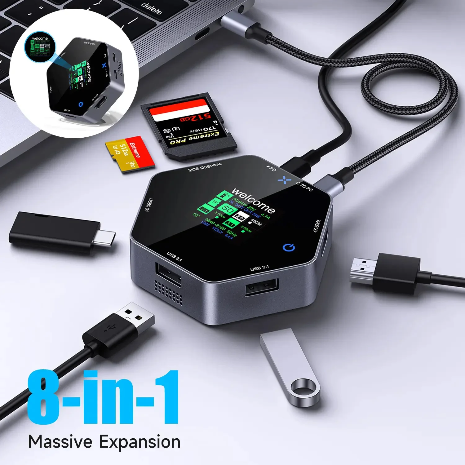 8 in 1 USB Hub Docking Station Type C Smart Display HD 4K@60Hz Multi Port Hub Splitter USB 3.1 TF/SD Card Reader USB Extender
