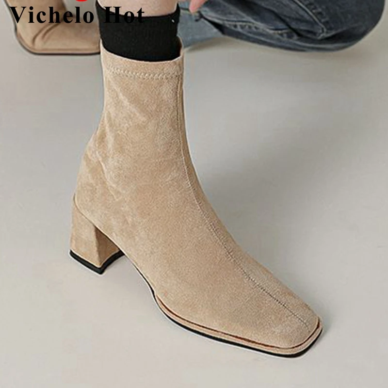 

Vichelo Hot New Flock Square Toe Thick High Heels Modern Boots Oriental Simple Style Retro Fashion Cozy Zipper Women Ankle Boots