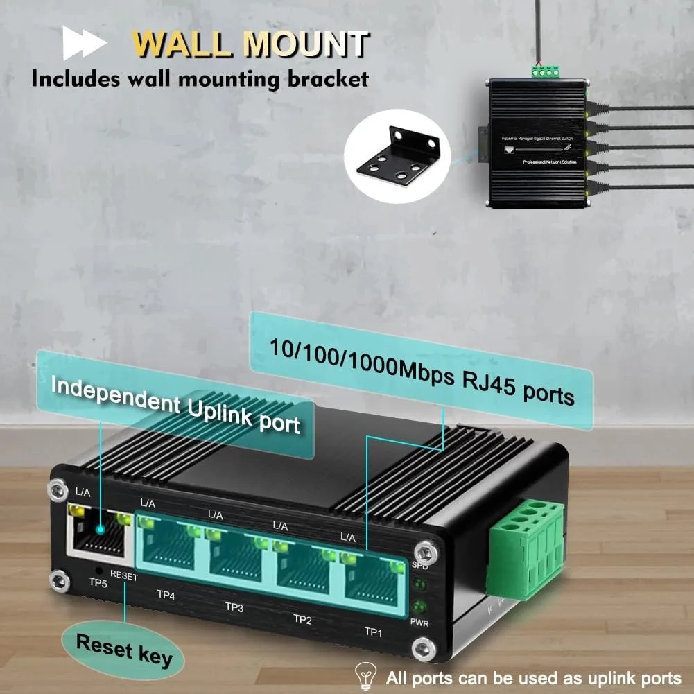 Managed 5-port PoE Switch 1Uplink+4PoE Industrial Gigabit Ethernet Switch Web Management,QoS,Vlan, Din rail & Wall mount